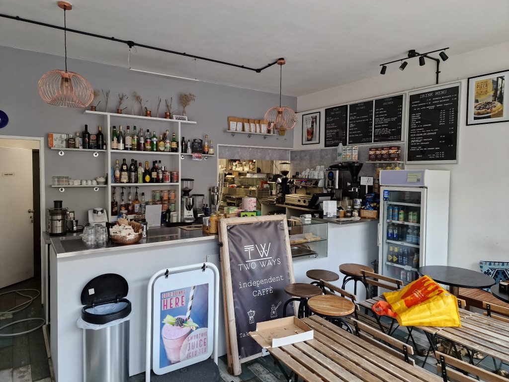 Pendant and track lighting inside Two Ways Café in Clifton, Bristol