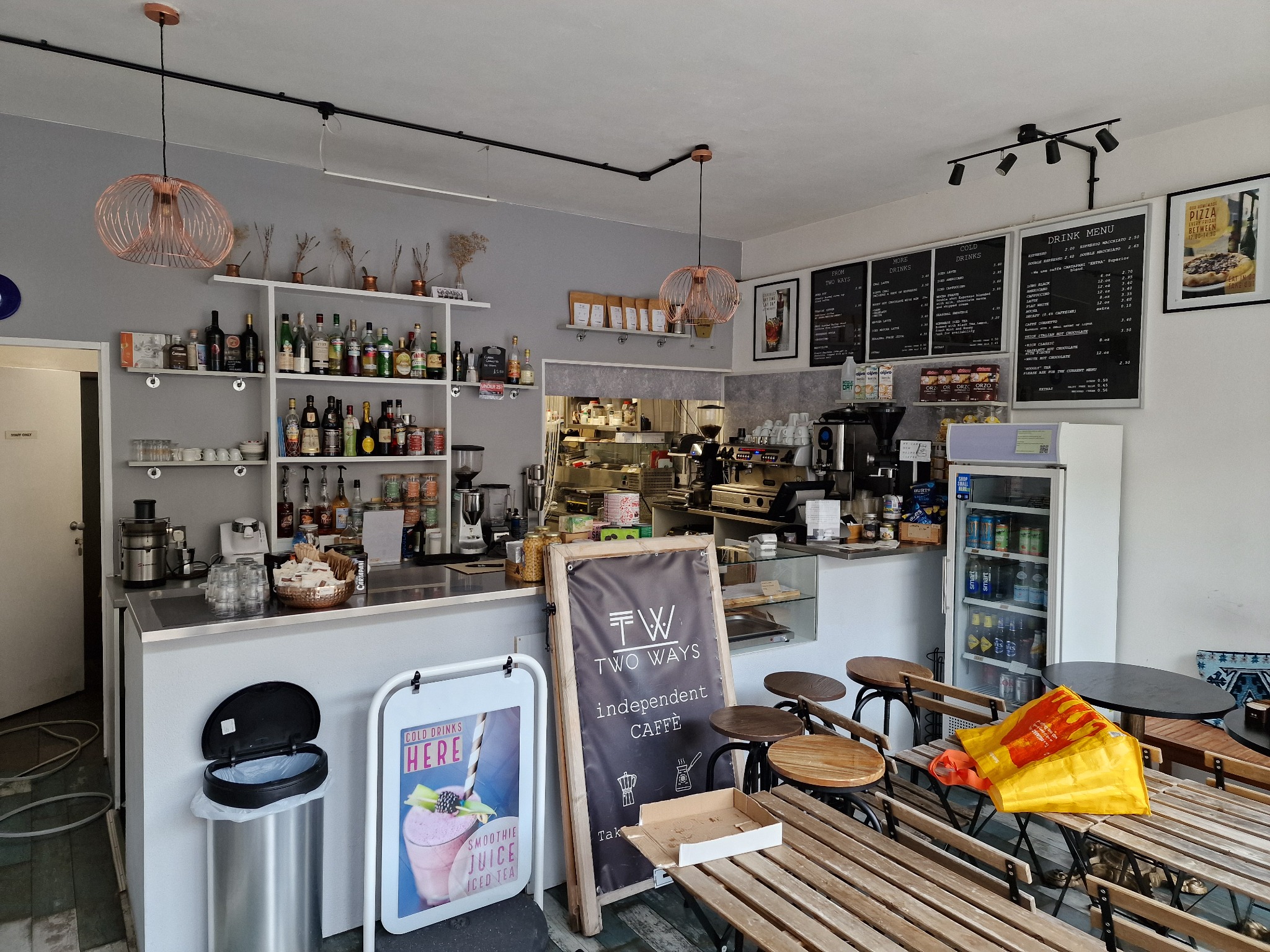 Pendant and track lighting inside Two Ways Café in Clifton, Bristol