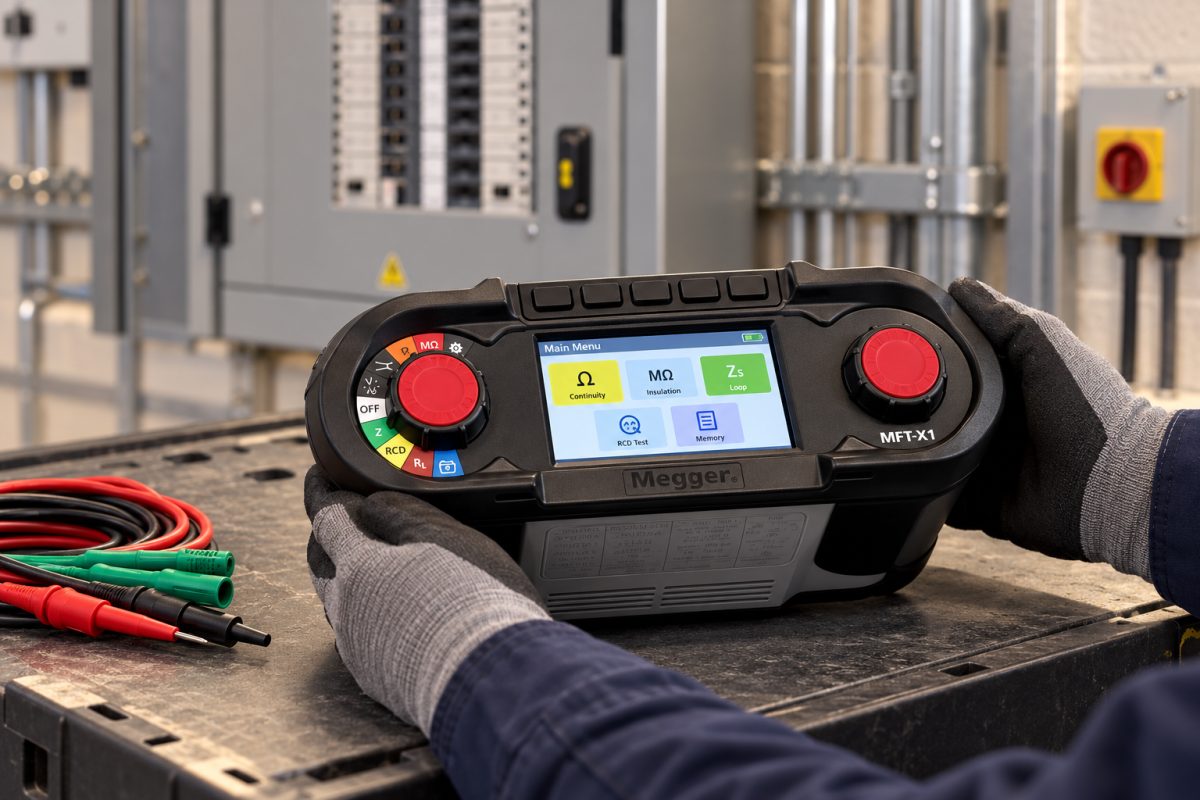 Illustration of a Megger MFT-X1 multifunction tester in a commercial electrical plant room