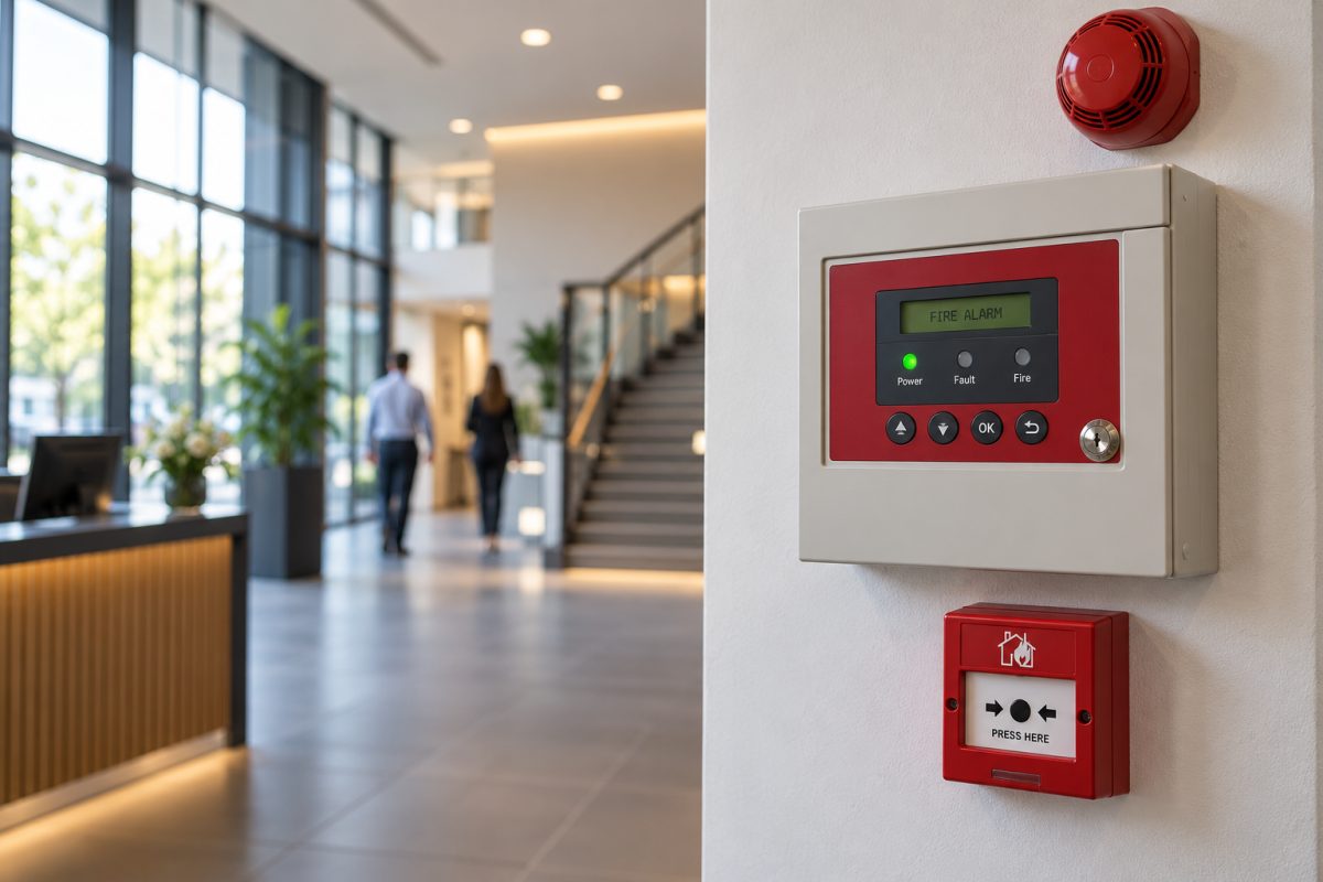 Illustration of a fire alarm control panel, red manual call point and sounder in a commercial reception