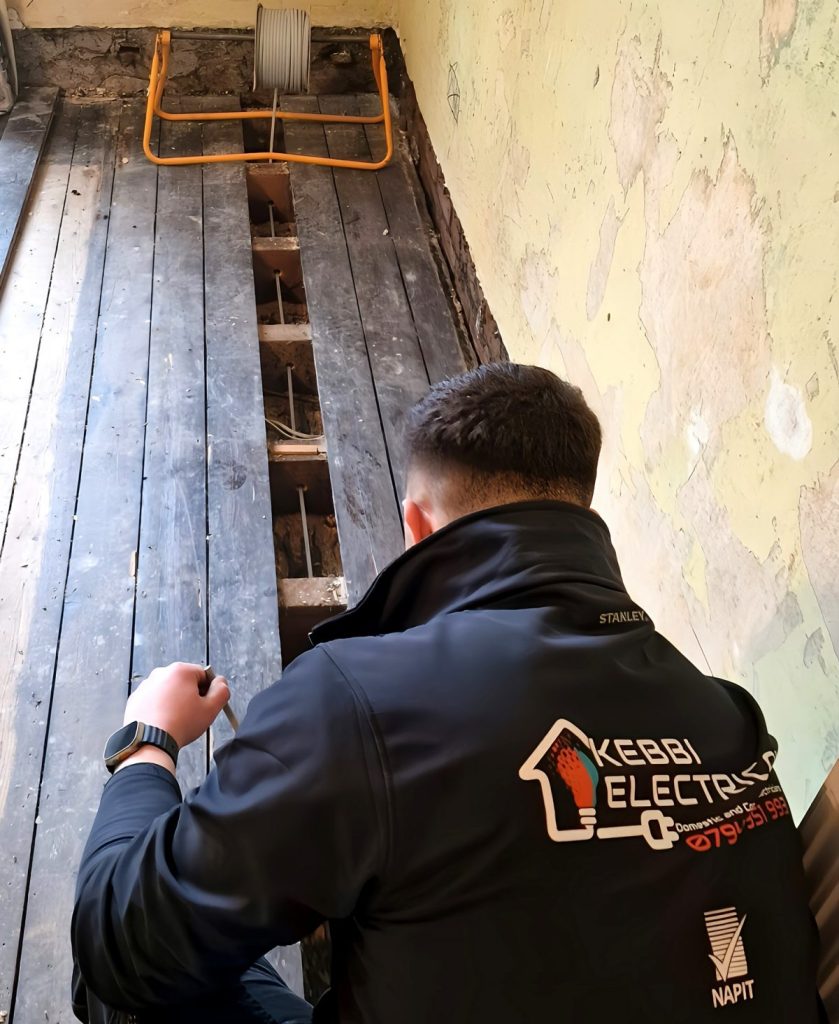Kebbi electrician accessing wiring beneath floorboards during a house rewire